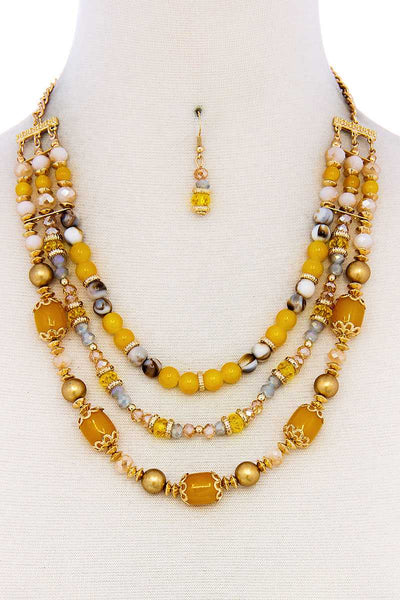Multi Beaded Three Layer Necklace And Earring Set/Black White Brown Mustard Multi Wine Multi2