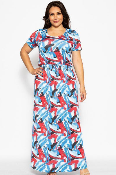 Plus Size Lovely Ladies Polyester Blend Made In U.S.A. Camo Print Ankle Length Short Sleeves Round Neck Maxi Dress (Multi)
