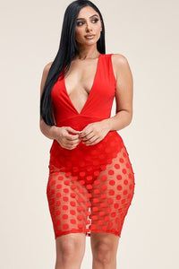 Plus Size Lovely Ladies 96% Polyester 4% Spandex Sleeveless Plunged V-Neck Burnout Mesh Skirt Detail Mini Dress (Red)