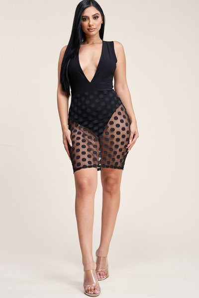 Plus Size Lovely Ladies 96% Polyester 4% Spandex Sleeveless Plunged V-Neck Burnout Mesh Skirt Detail Mini Dress (Black)