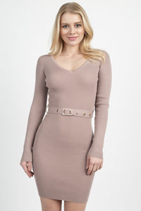 Odessa Adelle 100% Polyester Knit Design V-neck Bodycon Silhouette Midi Length Long Sleeve Midi Dress (Tan)