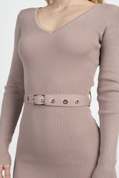Odessa Adelle 100% Polyester Knit Design V-neck Bodycon Silhouette Midi Length Long Sleeve Midi Dress (Tan)