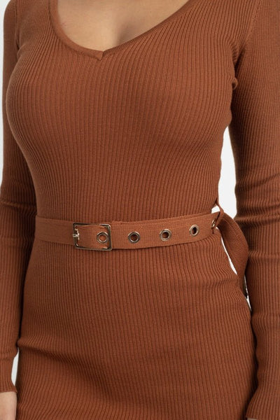 Odessa Adelle 100% Polyester Knit Design V-neck Bodycon Silhouette Midi Length Long Sleeve Midi Dress (Dark Camel)