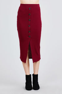 Paloma Pomona Cotton Blend Button Front Detail Ribbed Imported Midi Skirt (Burgundy)
