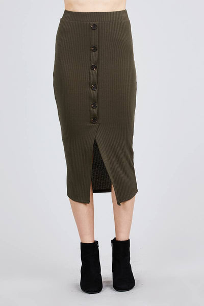 Paloma Pomona Rayon Blend Front Button Down Detail Imported Ribbed Midi Skirt (Olive)