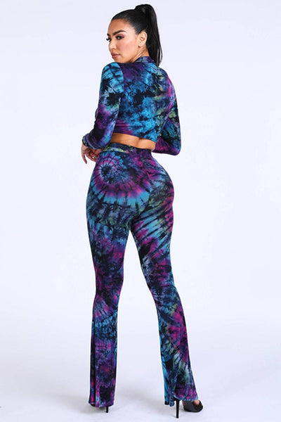 Victoria Vivacious Polyester Blend Two Piece Long Sleeve Crop Top Flare Pants Set (Purple Multi)