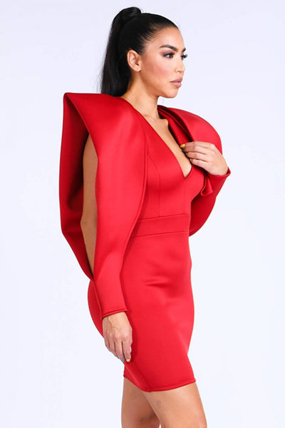 Sabrina Selena Polyester Blend Super Techno Deep-V Bodycon Open Sleeve Bodycon Mini Dress (Red)
