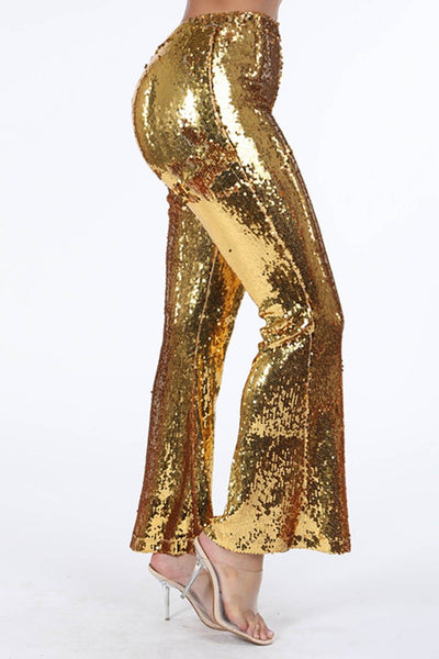Glenda Glitter Glam 100% Polyester Bespangled Sequined Flared Bell Bottom Pants (Gold)