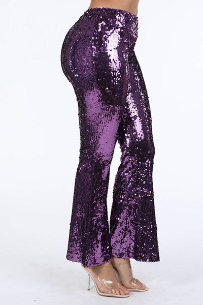 Glenda Glitter Glam 100% Polyester Bespangled Sequined Flared Bell Bottom Pants (Purple)