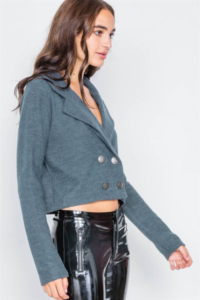 Dianna Deanna Polyester Blend Double Breasted High-Low Charcoal Peacoat Crop Jacket