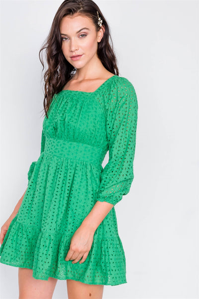 Geneve's Garden 100% Cotton Made In U.S.A. Fashion Plus Floral Lace Eyelet Design Bishop Sleeves Mini Frill Dress (Kelly Green)