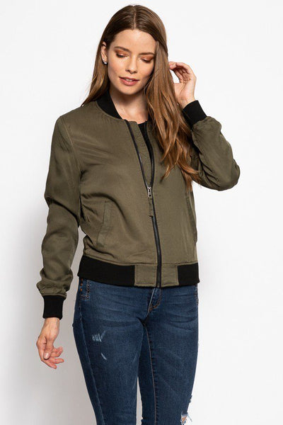 Sissie Sassie Classic Olive Green Ribbed Cuffs Zipper Detail Bomber Jacket
