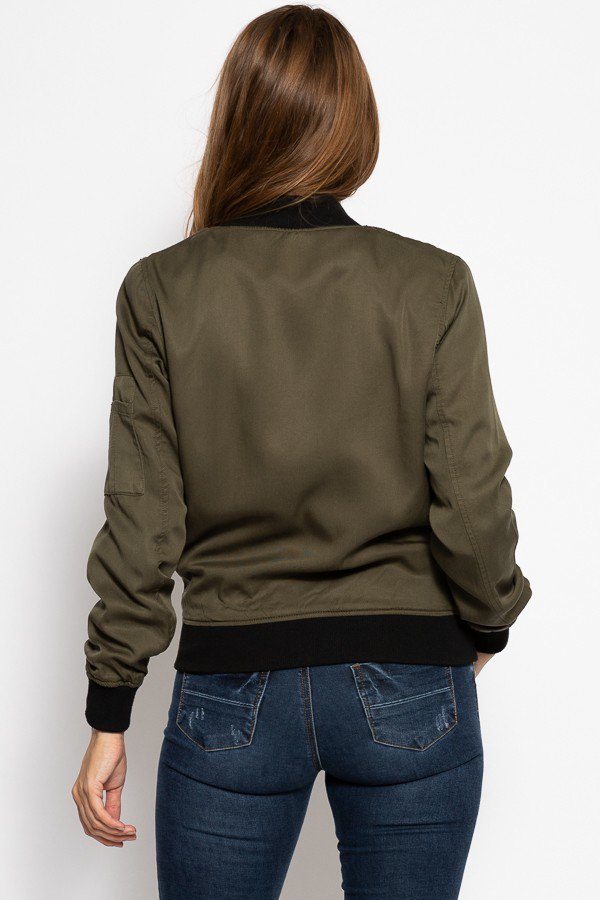 Sissie Sassie Classic Olive Green Ribbed Cuffs Zipper Detail Bomber Jacket