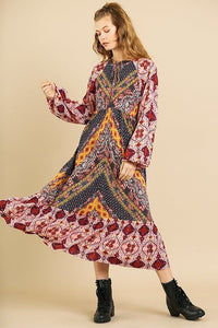 Caitlin In The Country Rayon Mosaic Mixed Print Long Puff Sleeve Keyhole Ruffle Collared & Hem Detail Maxi Dress (Berry Mix)