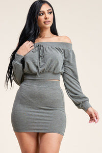 Solid Olive Polyester Blend French Terry Long Sleeve Off The Shoulder Top And Skirt Two Piece Set