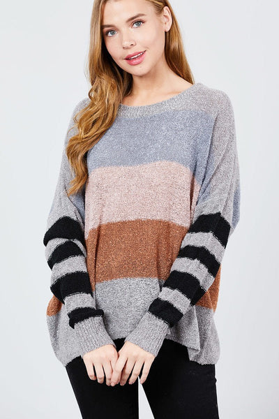 Laurah Tamarah Acrylic Blend Long Dolman Sleeve Multi-Color Round Neck Sweater (Charcoal Grey)