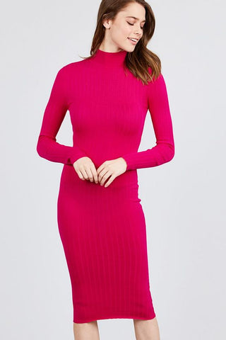 Cassie Classie Long Sleeve Rayon Blend Mock Neck Rib Sweater Hot Pink Midi Dress