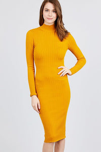Cassie Classie Long Sleeve Rayon Blend Mock Neck Rib Sweater Mustard Midi Dress