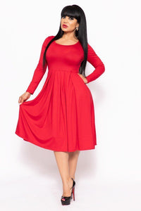 Plus Size Lovely Ladies Polyester Blend Relaxed Fit Short Sleeve V-neckline A-line Midi Dress (Red)