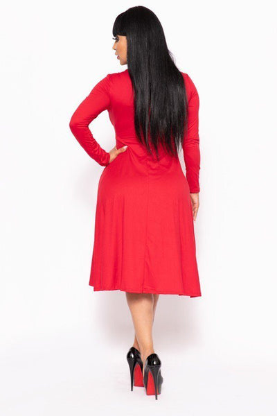 Plus Size Lovely Ladies Polyester Blend Relaxed Fit Short Sleeve V-neckline A-line Midi Dress (Red)