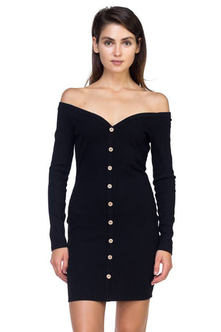 Leela Shakeela Polyester/Spandex Blend Sweetheart Neckline Long Sleeve Button Down Ribbed Knit Solid Color Mini Dress (Black)