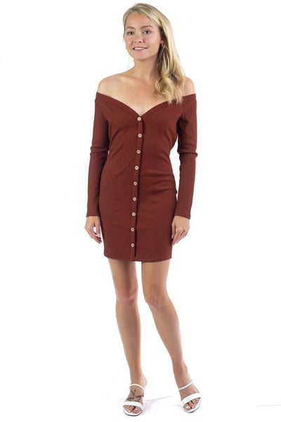 Leela Shakeela Polyester/Spandex Blend Sweetheart Neckline Long Sleeve Button Down Ribbed Knit Solid Color Mini Dress (Brown)
