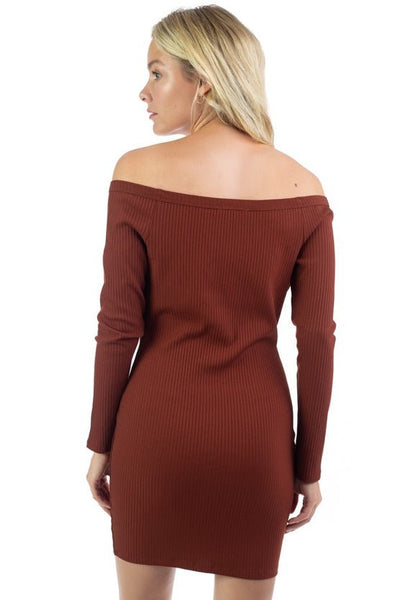 Leela Shakeela Polyester/Spandex Blend Sweetheart Neckline Long Sleeve Button Down Ribbed Knit Solid Color Mini Dress (Brown)