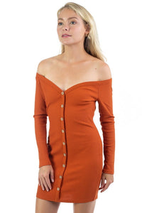 Leela Shakeela Polyester/Spandex Blend Sweetheart Neckline Long Sleeve Button Down Ribbed Knit Solid Color Mini Dress (Light Rust)