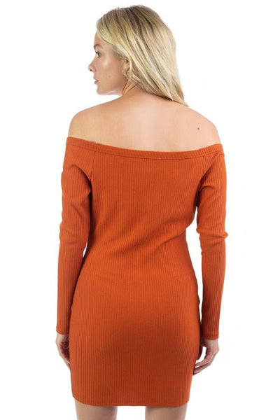 Leela Shakeela Polyester/Spandex Blend Sweetheart Neckline Long Sleeve Button Down Ribbed Knit Solid Color Mini Dress (Light Rust)