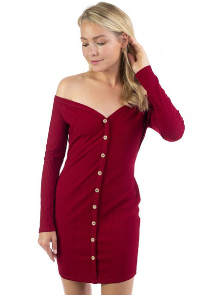 Leela Shakeela Polyester/Spandex Blend Sweetheart Neckline Long Sleeve Button Down Ribbed Knit Solid Color Mini Dress (Ruby)