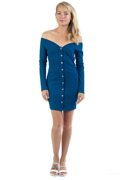 Leela Shakeela Polyester/Spandex Blend Sweetheart Neckline Long Sleeve Button Down Ribbed Knit Solid Color Mini Dress (Teal)