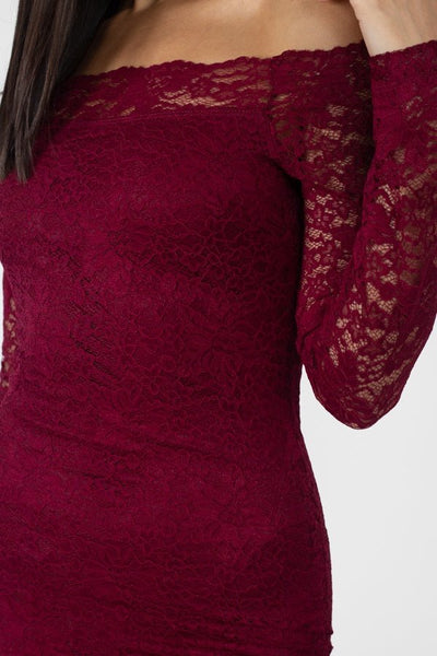 Leona Fiona Nylon Blend Floral Lace Design Bodycon Silhouette Mini Length Long Sleeve Trim Mini Dress (Burgundy)