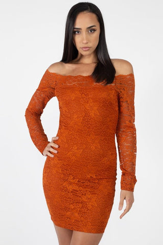 Leona Fiona Nylon Blend Floral Lace Design Bodycon Silhouette Mini Length Long Sleeve Trim Mini Dress (Light Orange)
