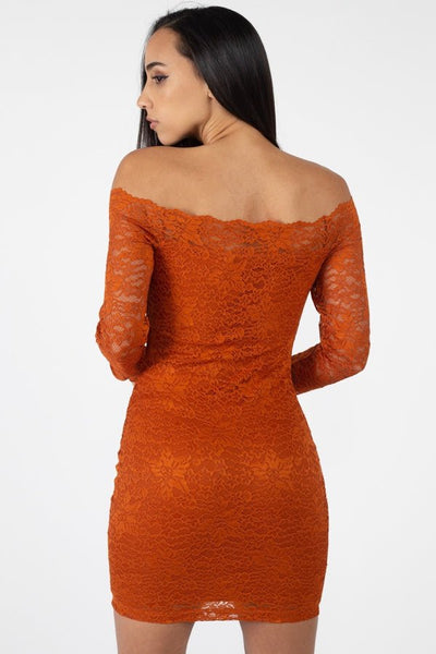 Leona Fiona Nylon Blend Floral Lace Design Bodycon Silhouette Mini Length Long Sleeve Trim Mini Dress (Light Orange)