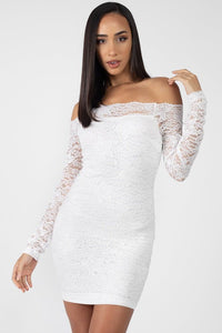 Leona Fiona Nylon Blend Floral Lace Design Bodycon Silhouette Mini Length Long Sleeve Trim Mini Dress (White)