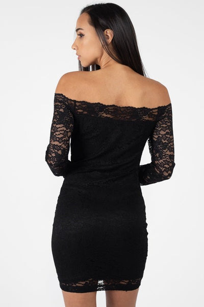 Leona Fiona Nylon Blend Floral Lace Design Bodycon Silhouette Mini Length Long Sleeve Trim Mini Dress (Black)