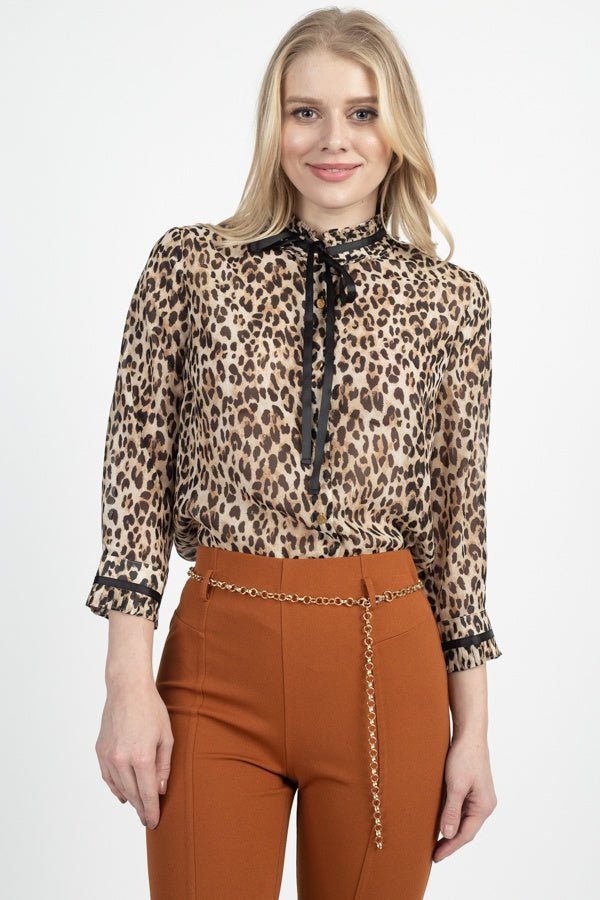 What's New Pussycat? 100% Polyester Pussycat Bow Short Ruffle Mock Neckline Chiffon Leopard Print Taupe/Brown Top