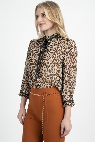 What's New Pussycat? 100% Polyester Pussycat Bow Short Ruffle Mock Neckline Chiffon Leopard Print Top (Taupe/Brown)