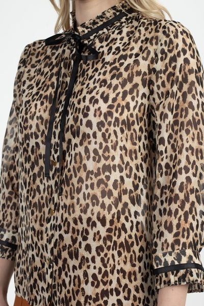 What's New Pussycat? 100% Polyester Pussycat Bow Short Ruffle Mock Neckline Chiffon Leopard Print Top (Taupe/Brown)