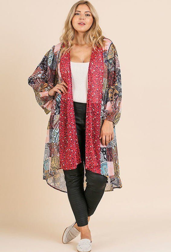 Plus Size Lovely Ladies 100% Polyester Sheer Fabric Animal Print Puff Sleeve Kimono (Red Mix)