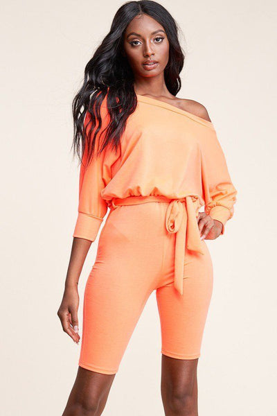 Katrina Serena Polyester/Spandex Slouchy French Terry 3/4 Sleeve French Terry Romper (Neon Orange)