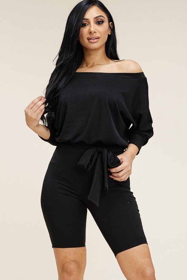 Katrina Serena Polyester/Spandex Blend Slouchy French Terry 3/4 Sleeve French Terry Romper (Black)