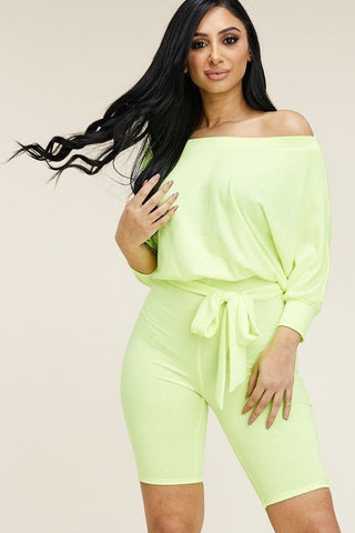 Katrina Serena Polyester/Spandex Blend Slouchy French Terry 3/4 Sleeve French Terry Romper (Neon Yellow)