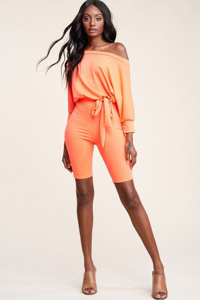 Katrina Serena Polyester/Spandex Slouchy French Terry 3/4 Sleeve French Terry Romper (Neon Orange)