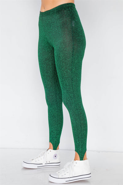 Glenda Glitter Glam Nylon Blend Green Glitter Semi-Sheer Festive Stirrup Style Leggings (Green)