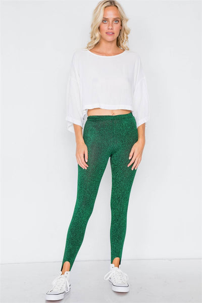 Glenda Glitter Glam Nylon Blend Green Glitter Semi-Sheer Festive Stirrup Style Leggings (Green)