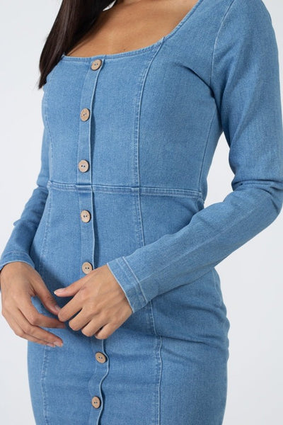 Dina Deanna Cotton Blend Medium Denim Wash Mock Front Button Detail Bodycon Mini Dress