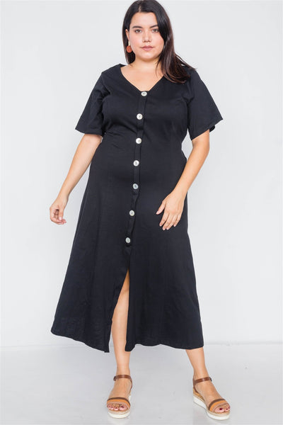 Plus Size Lovely Ladies 100% Cotton V-neck Wrap Opal Button Down Retro Style Maxi Dress (Black)
