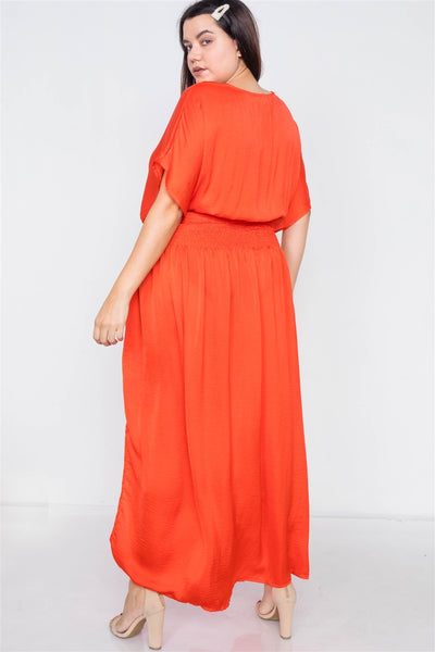 Plus Size Lovely Ladies 100% Polyester Surplus V-neck Satin Slit Detail Short Kimono Sleeve Maxi Dress (Coral)