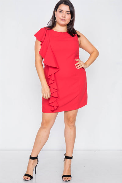 Plus Size Lovely Ladies 100% Polyester Blend Frill Sleeve Trim Stretchy Hidden Back Zipper Mini Dress (Flame Red)